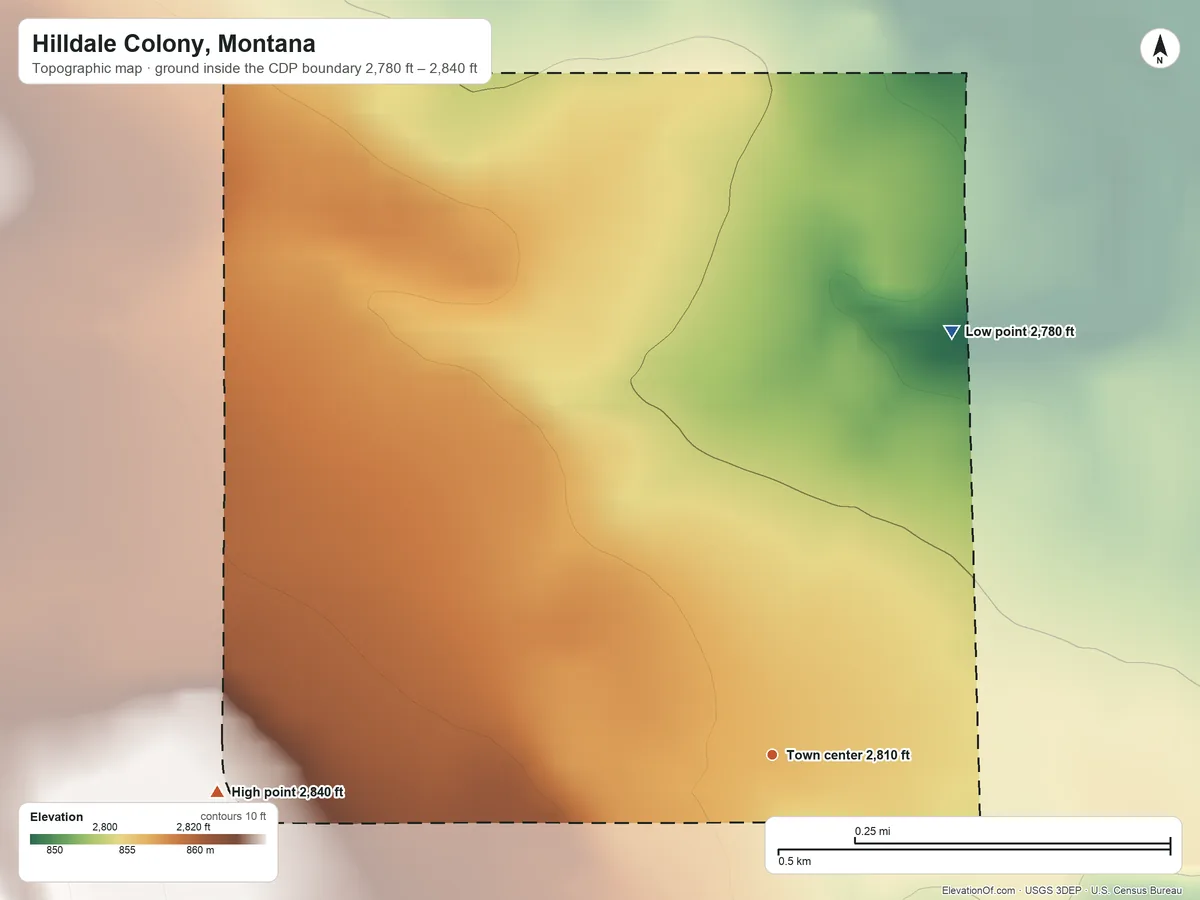 Topographic elevation map of Hilldale Colony, Montana, shaded from 2,780 ft on the northeast side to 2,840 ft on the west side