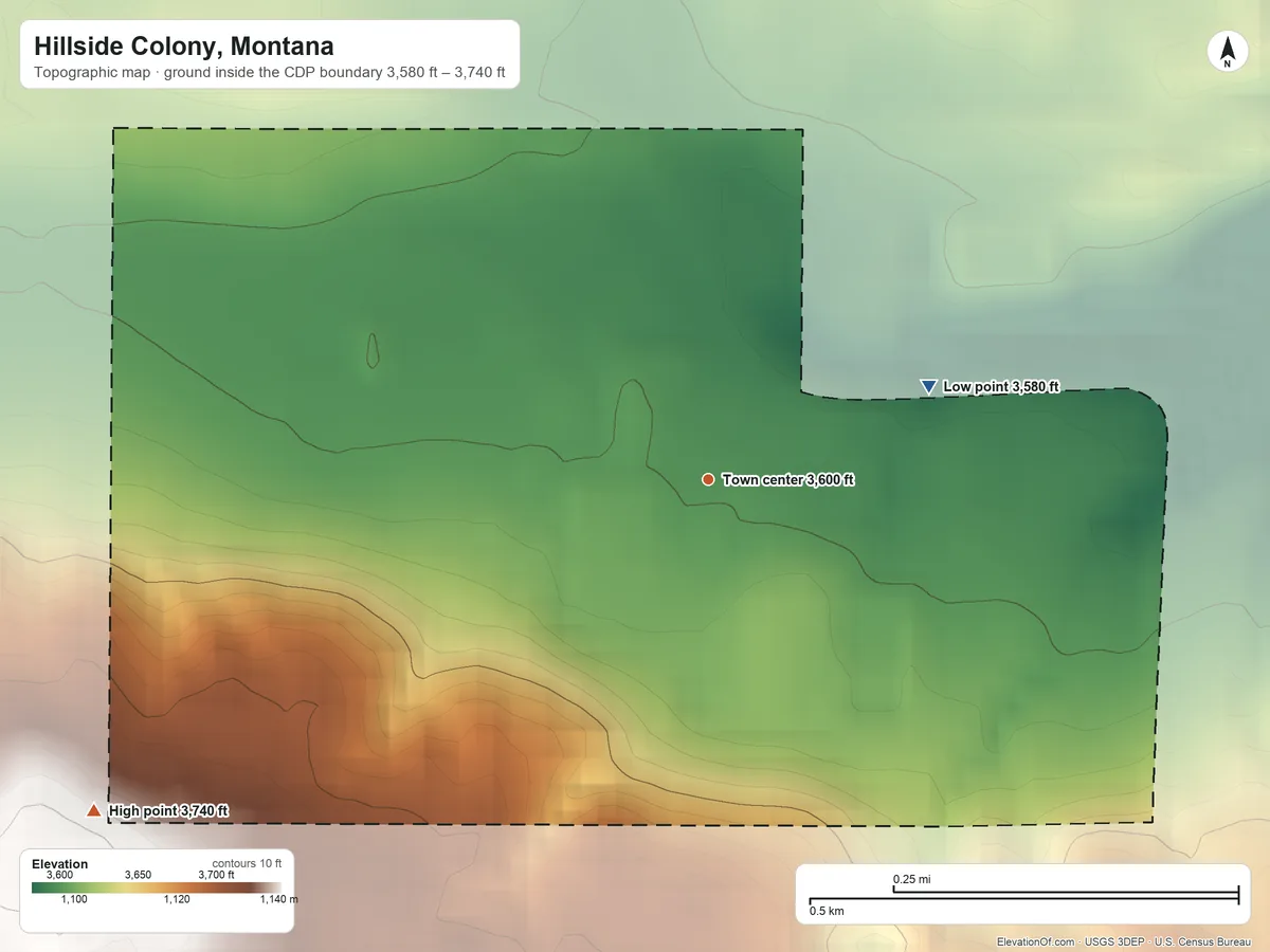 Topographic elevation map of Hillside Colony, Montana, shaded from 3,580 ft on the northeast side to 3,740 ft on the southwest side