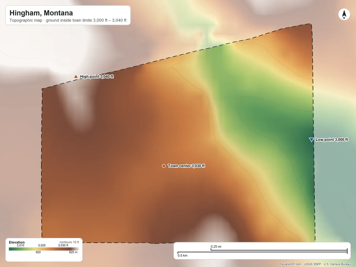 Topographic elevation map of Hingham, Montana, shaded from 3,000 ft on the east side to 3,040 ft on the northwest side