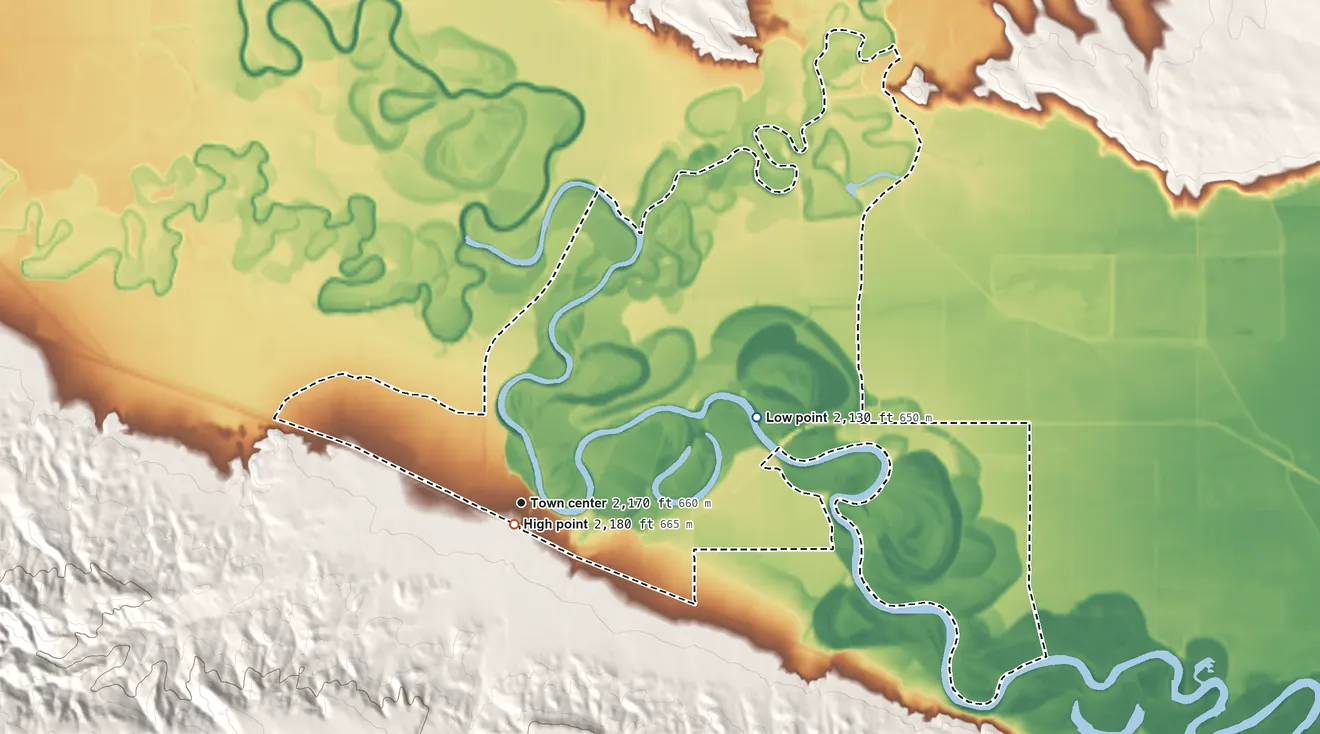 Topographic elevation map of Hinsdale, Montana, shaded from 2,130 ft on the east side to 2,180 ft at the foot of the Larb Hills