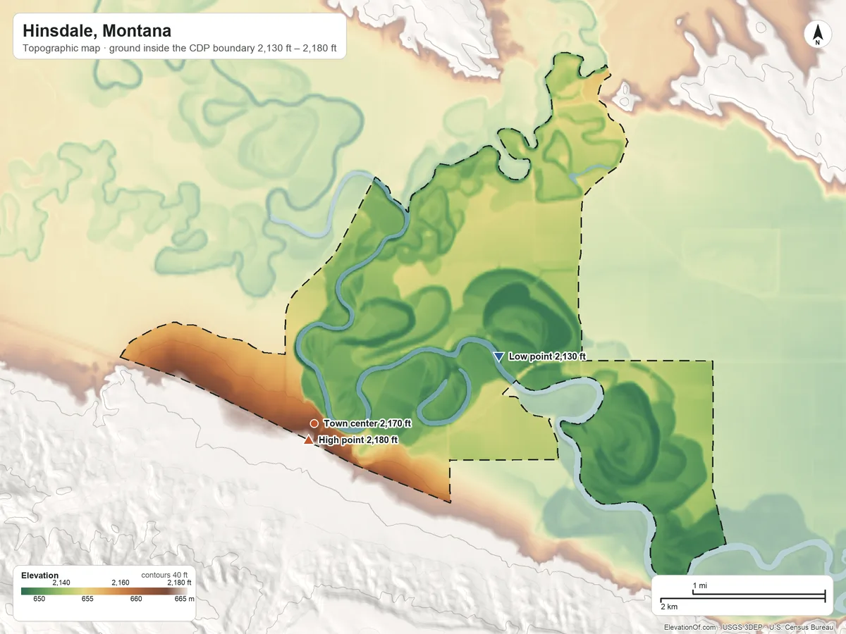 Topographic elevation map of Hinsdale, Montana, shaded from 2,130 ft on the east side to 2,180 ft at the foot of the Larb Hills
