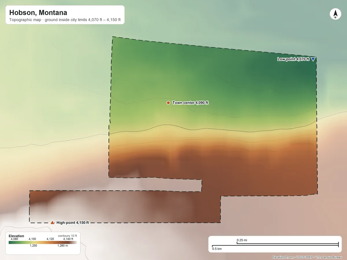 Topographic elevation map of Hobson, Montana, shaded from 4,070 ft on the east side to 4,150 ft on the southwest side