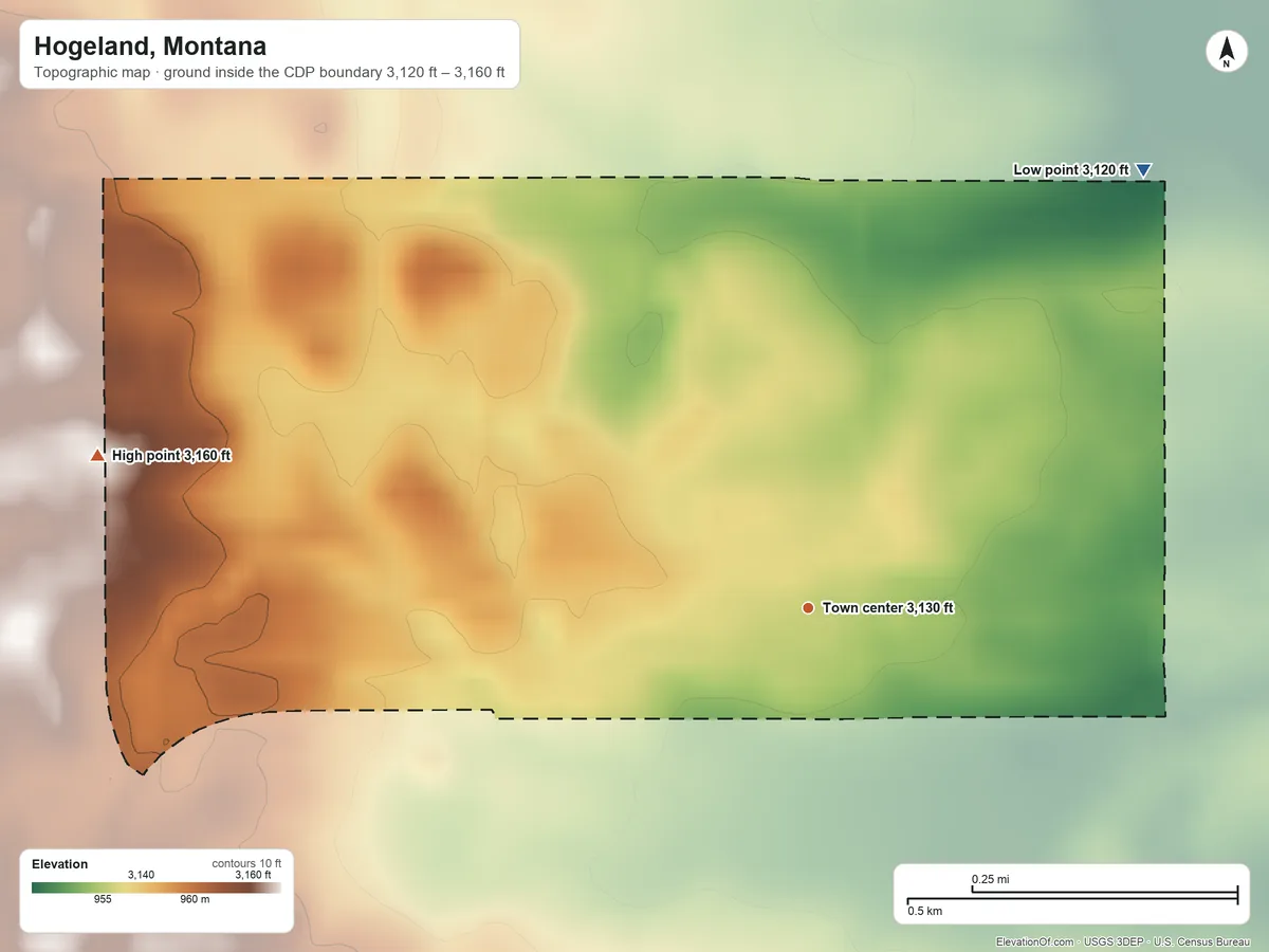 Topographic elevation map of Hogeland, Montana, shaded from 3,120 ft on the northeast side to 3,160 ft on the west side