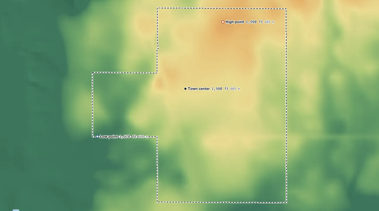 Topographic elevation map of Homestead, Montana, shaded from 1,970 ft on the southwest side to 1,990 ft on the northeast side