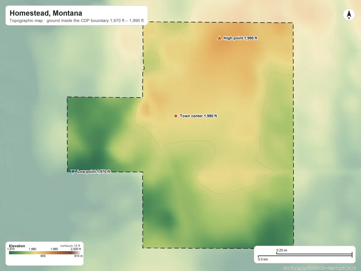 Topographic elevation map of Homestead, Montana, shaded from 1,970 ft on the southwest side to 1,990 ft on the northeast side