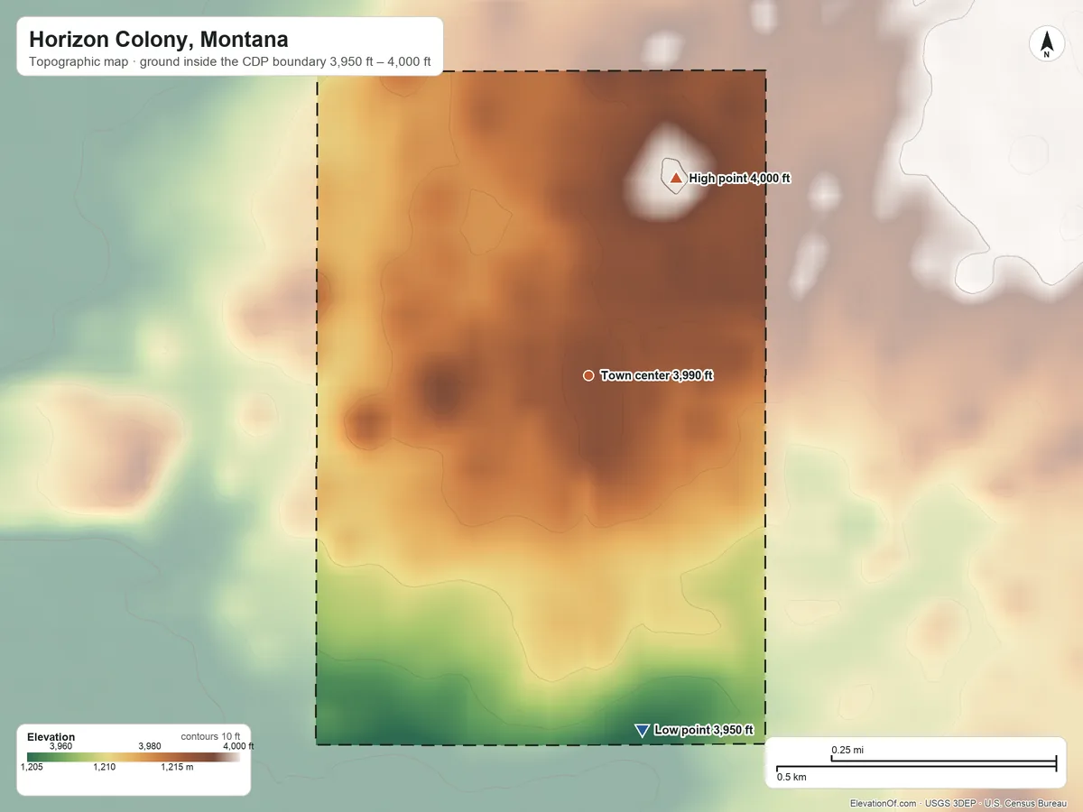 Topographic elevation map of Horizon Colony, Montana, shaded from 3,950 ft on the south side to 4,000 ft on the northeast side