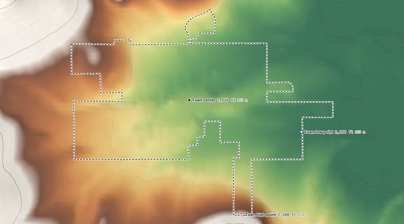 Topographic elevation map of Hot Springs, Montana, shaded from 2,800 ft on the east side to 2,980 ft on the southeast edge, below higher ground just outside