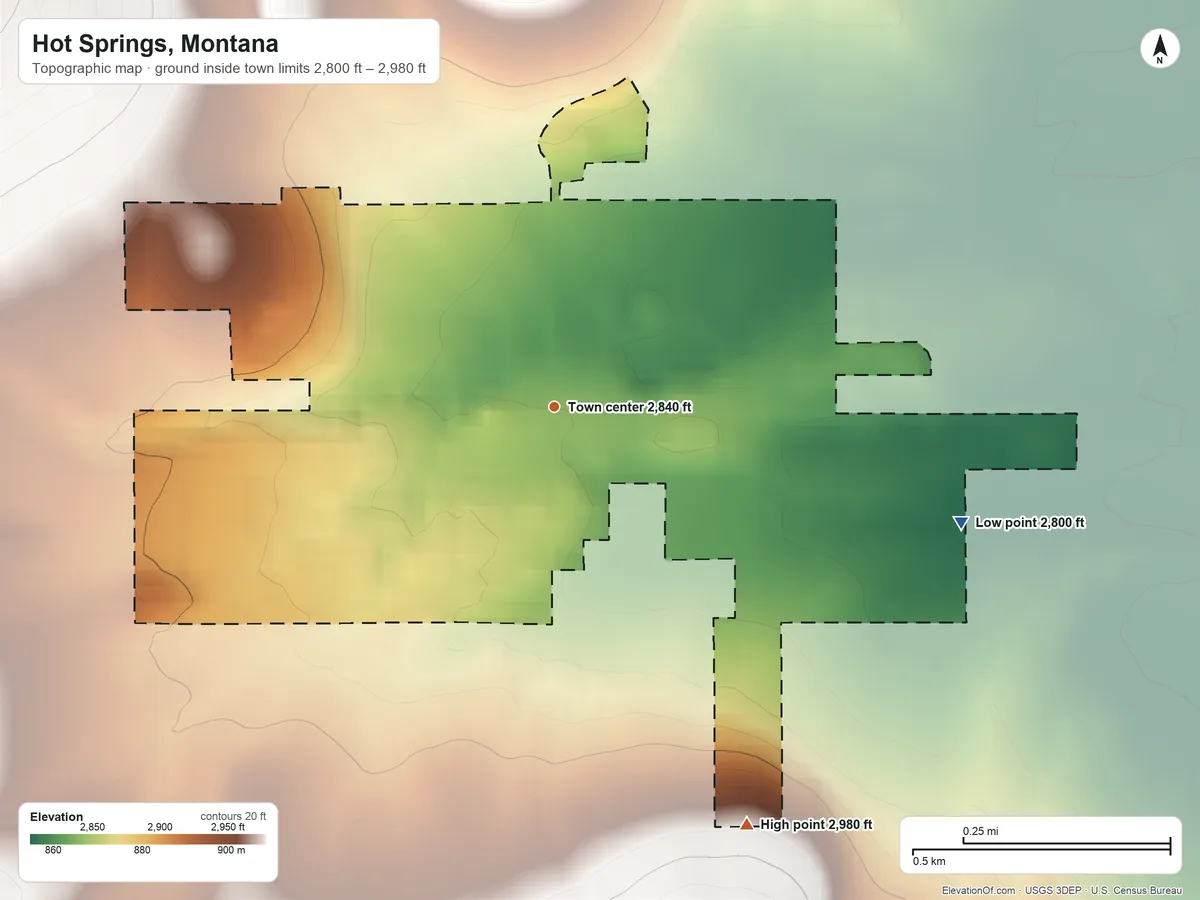 Topographic elevation map of Hot Springs, Montana, shaded from 2,800 ft on the east side to 2,980 ft on the southeast edge, below higher ground just outside
