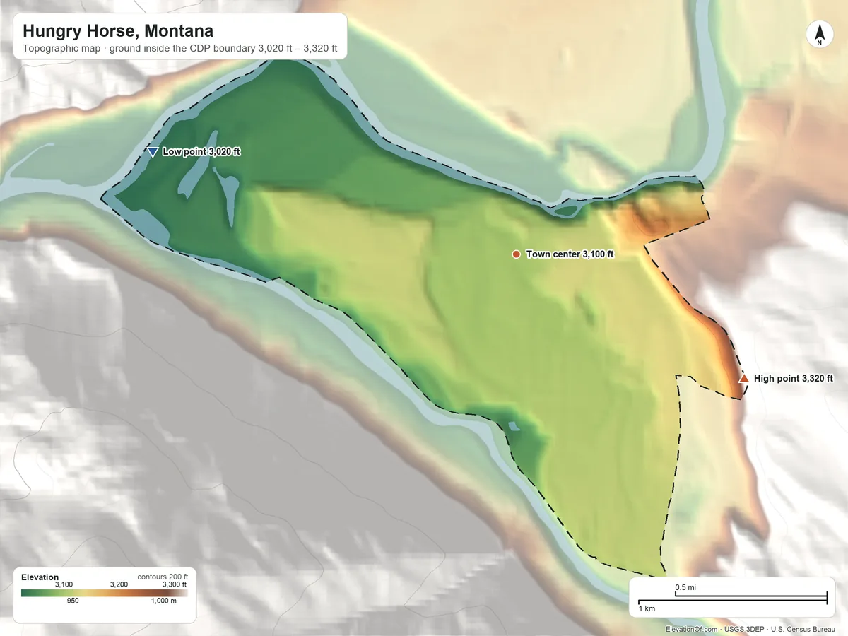 Topographic elevation map of Hungry Horse, Montana, shaded from 3,020 ft on the west side to 3,320 ft at the foot of the Smoky Range