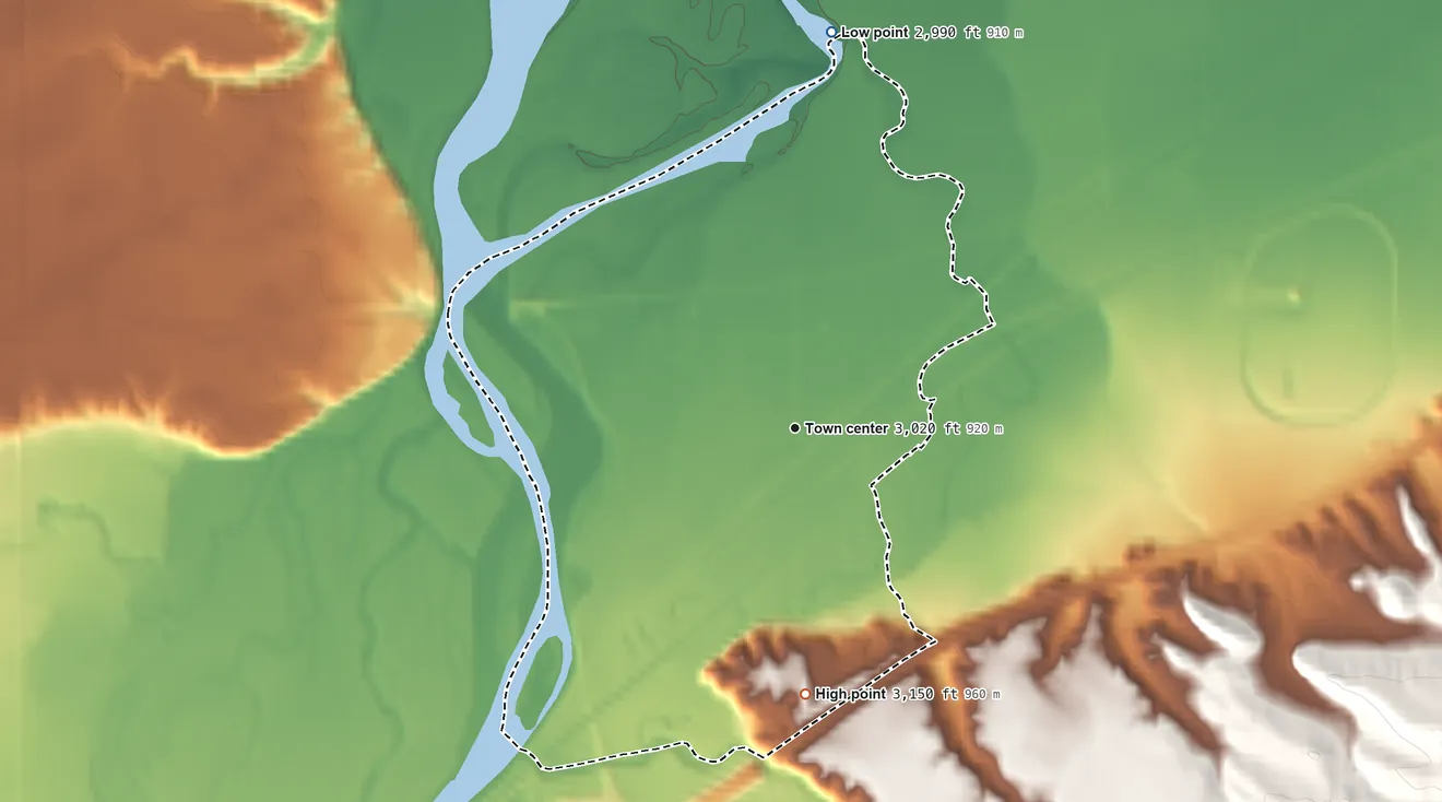 Topographic elevation map of Huntley, Montana, shaded from 2,990 ft on the north side to 3,150 ft on the south side