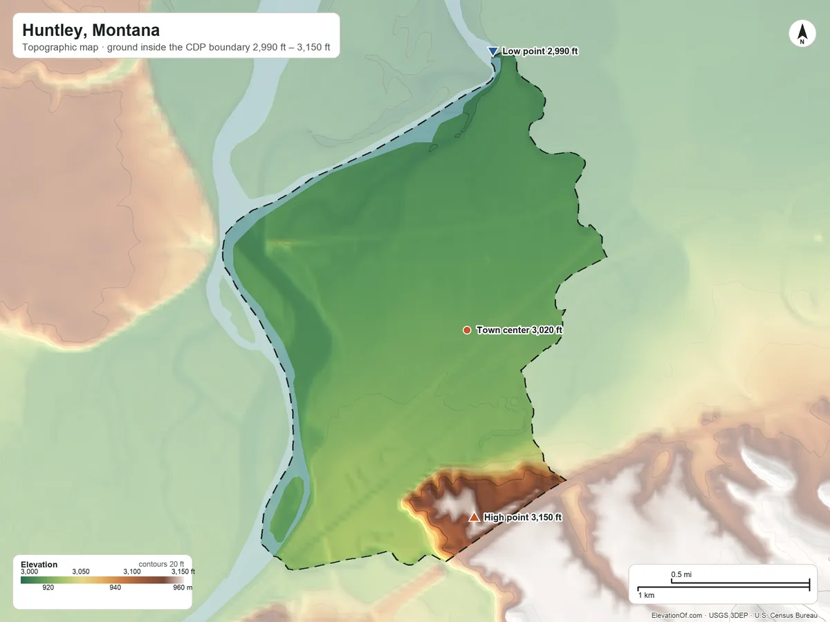 Topographic elevation map of Huntley, Montana, shaded from 2,990 ft on the north side to 3,150 ft on the south side