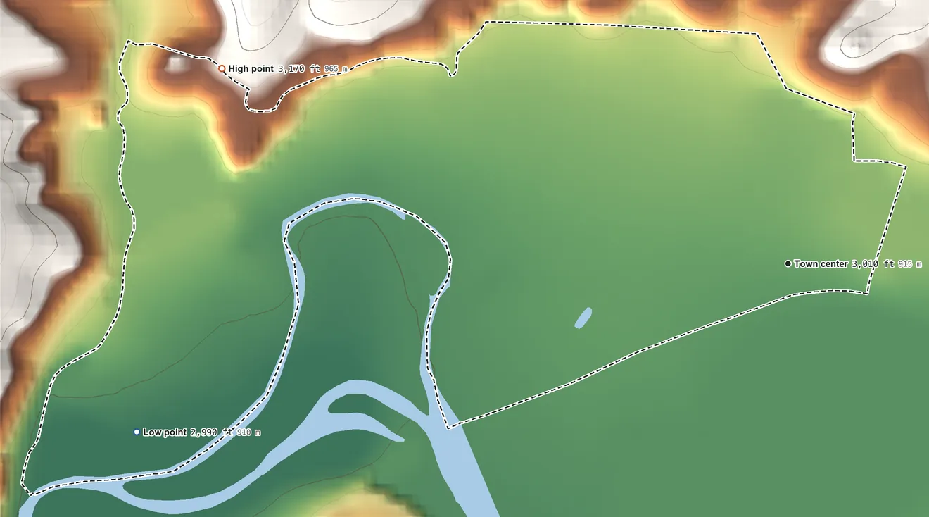 Topographic elevation map of Huson, Montana, shaded from 2,990 ft on the west side to 3,170 ft at the foot of the Grave Creek Range