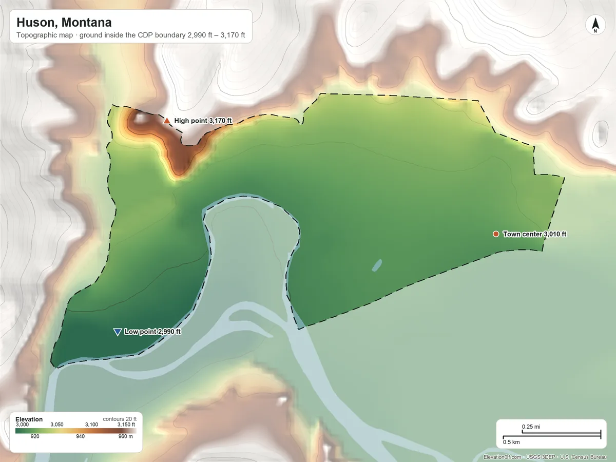 Topographic elevation map of Huson, Montana, shaded from 2,990 ft on the west side to 3,170 ft at the foot of the Grave Creek Range