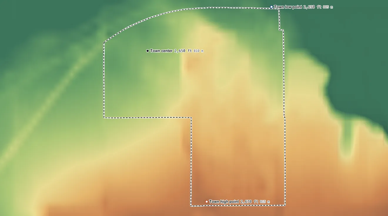 Topographic elevation map of Hysham, Montana, shaded from 2,650 ft on the east side to 2,670 ft on the south side