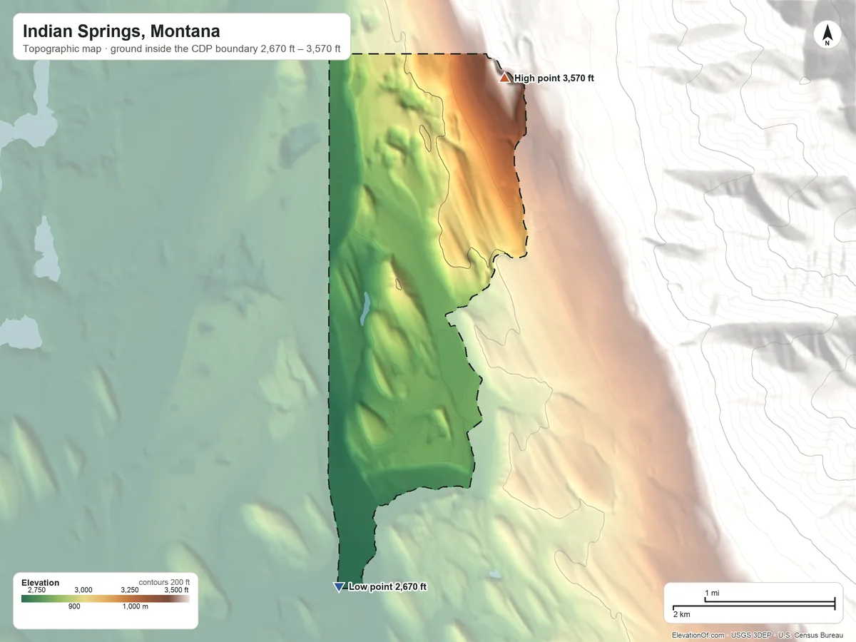 Topographic elevation map of Indian Springs, Montana, shaded from 2,670 ft on the south side to 3,570 ft at the foot of the Galton Range