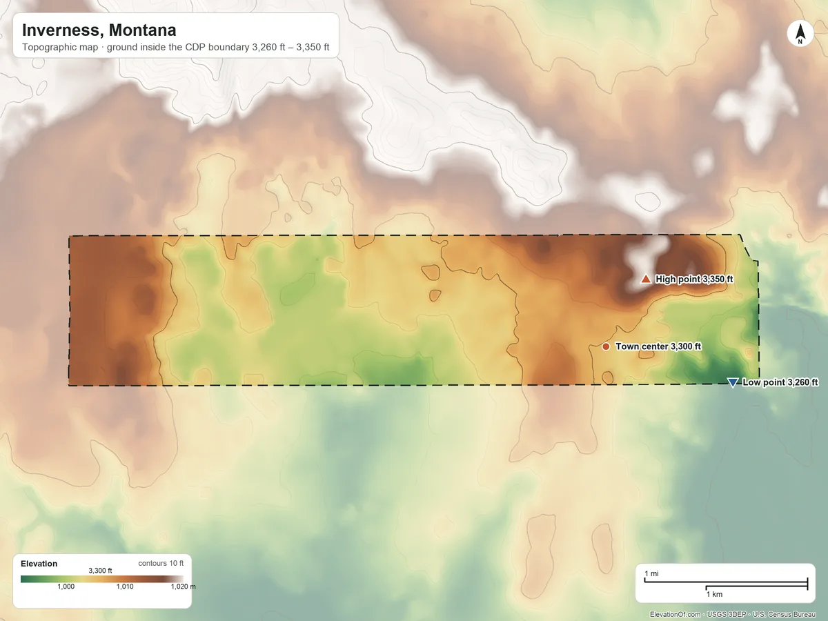 Topographic elevation map of Inverness, Montana, shaded from 3,260 ft on the east side to 3,350 ft on the northeast side