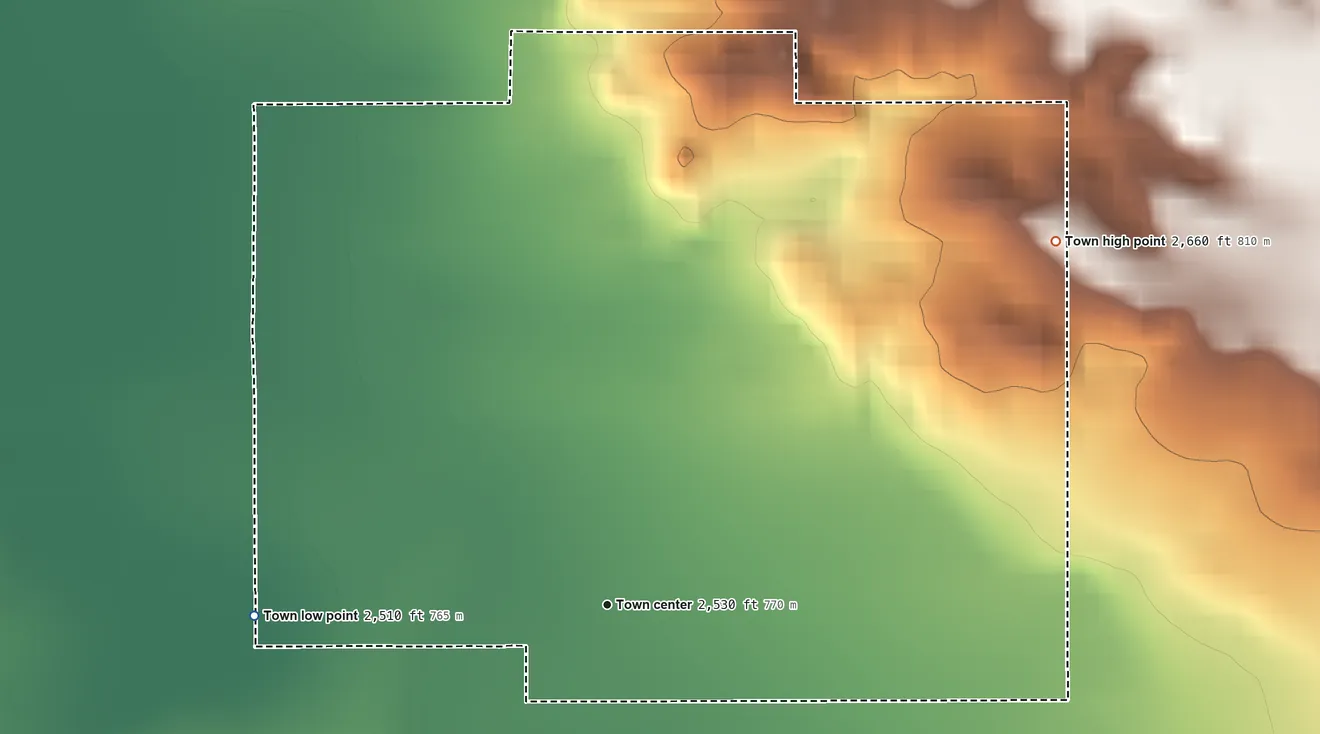 Topographic elevation map of Ismay, Montana, shaded from 2,510 ft on the west side to 2,660 ft on the northeast side