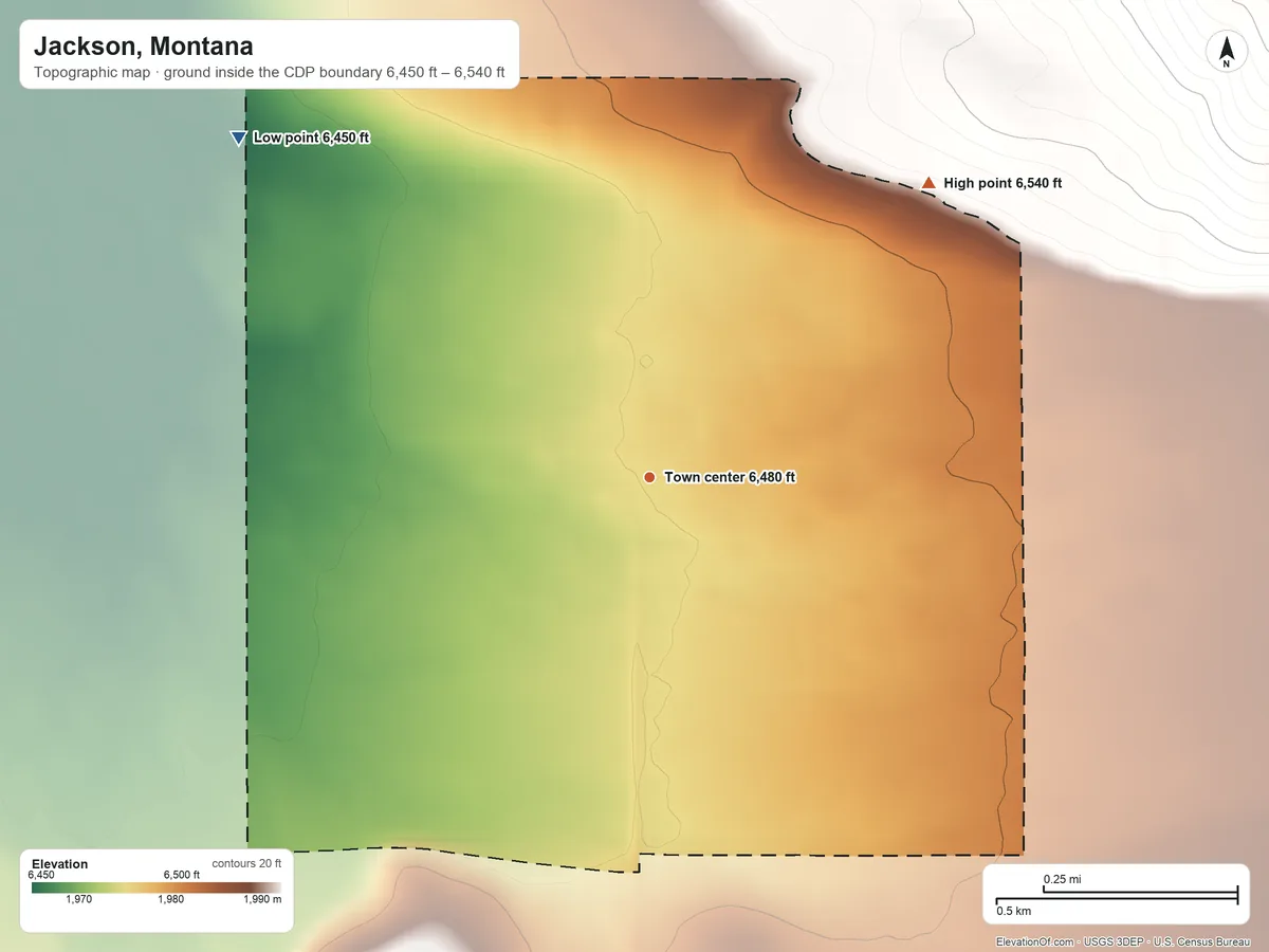 Topographic elevation map of Jackson, Montana, shaded from 6,450 ft on the northwest side to 6,540 ft on the northeast edge, below higher ground just outside
