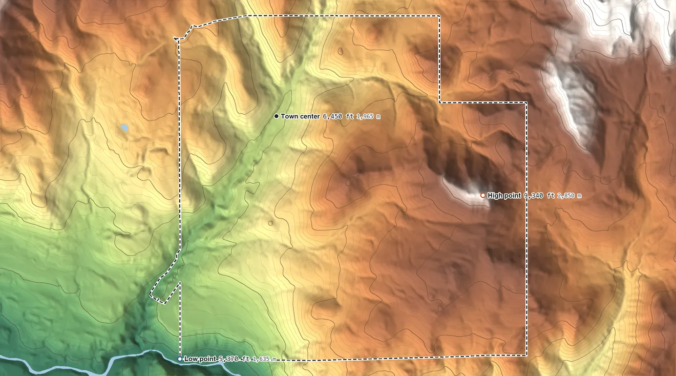 Topographic elevation map of Jardine, Montana, shaded from 5,370 ft on the south side to 9,340 ft on Palmer Mountain