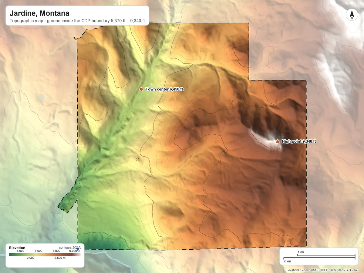 Topographic elevation map of Jardine, Montana, shaded from 5,370 ft on the south side to 9,340 ft on Palmer Mountain