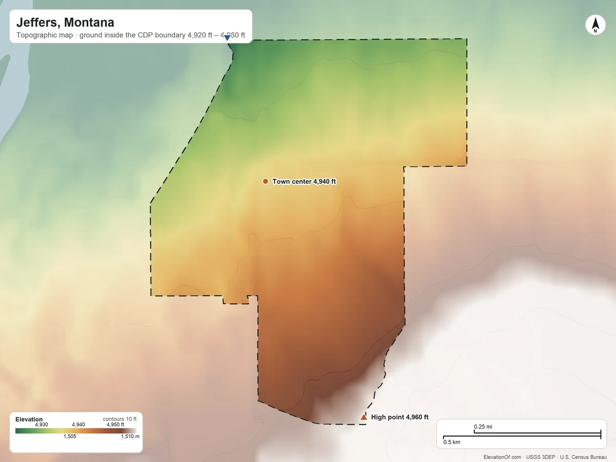 Topographic elevation map of Jeffers, Montana, shaded from 4,920 ft on the north side to 4,960 ft on the southeast side