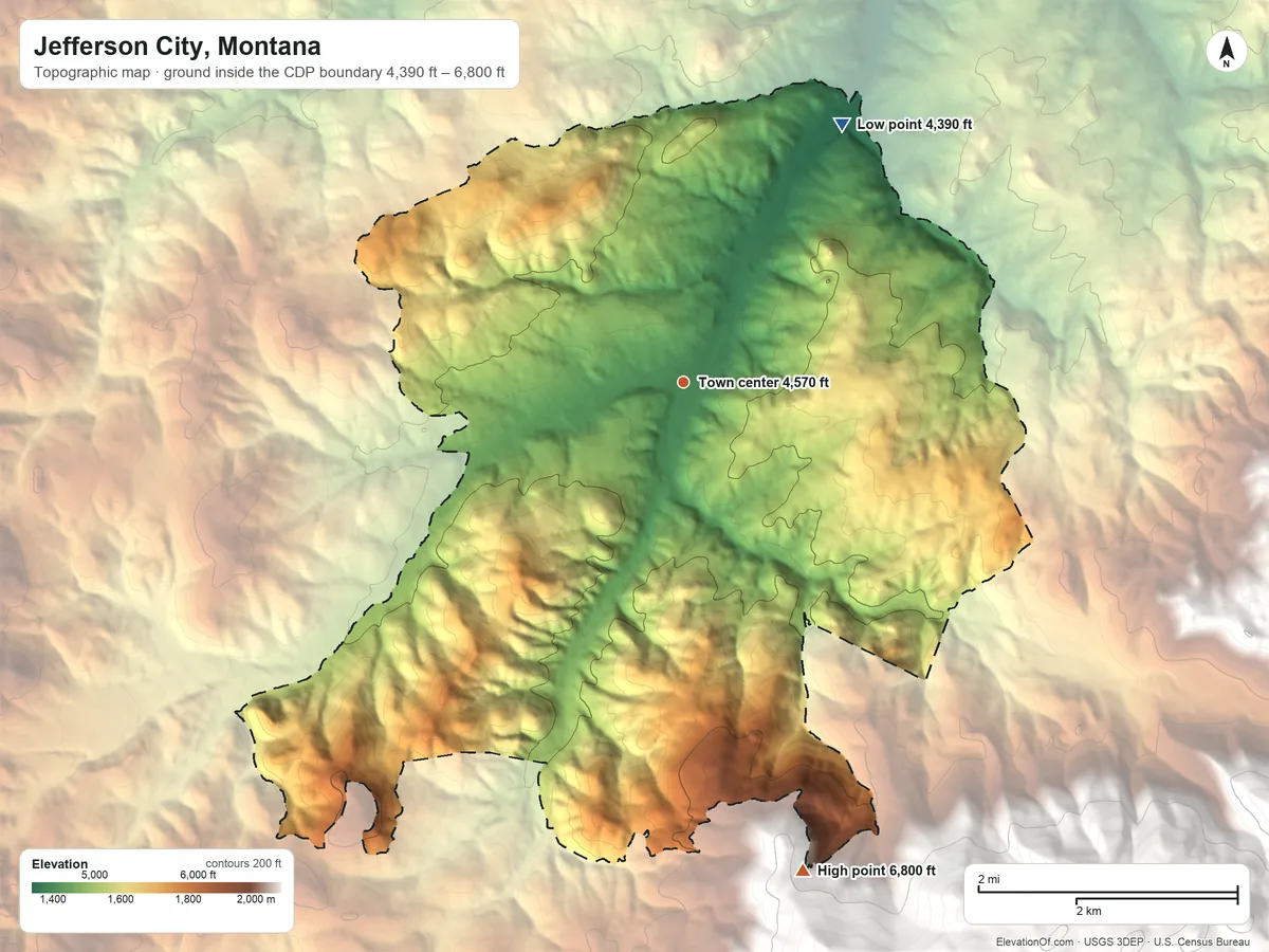 Topographic elevation map of Jefferson City, Montana, shaded from 4,390 ft on the northeast side to 6,800 ft at the foot of the Boulder Hills