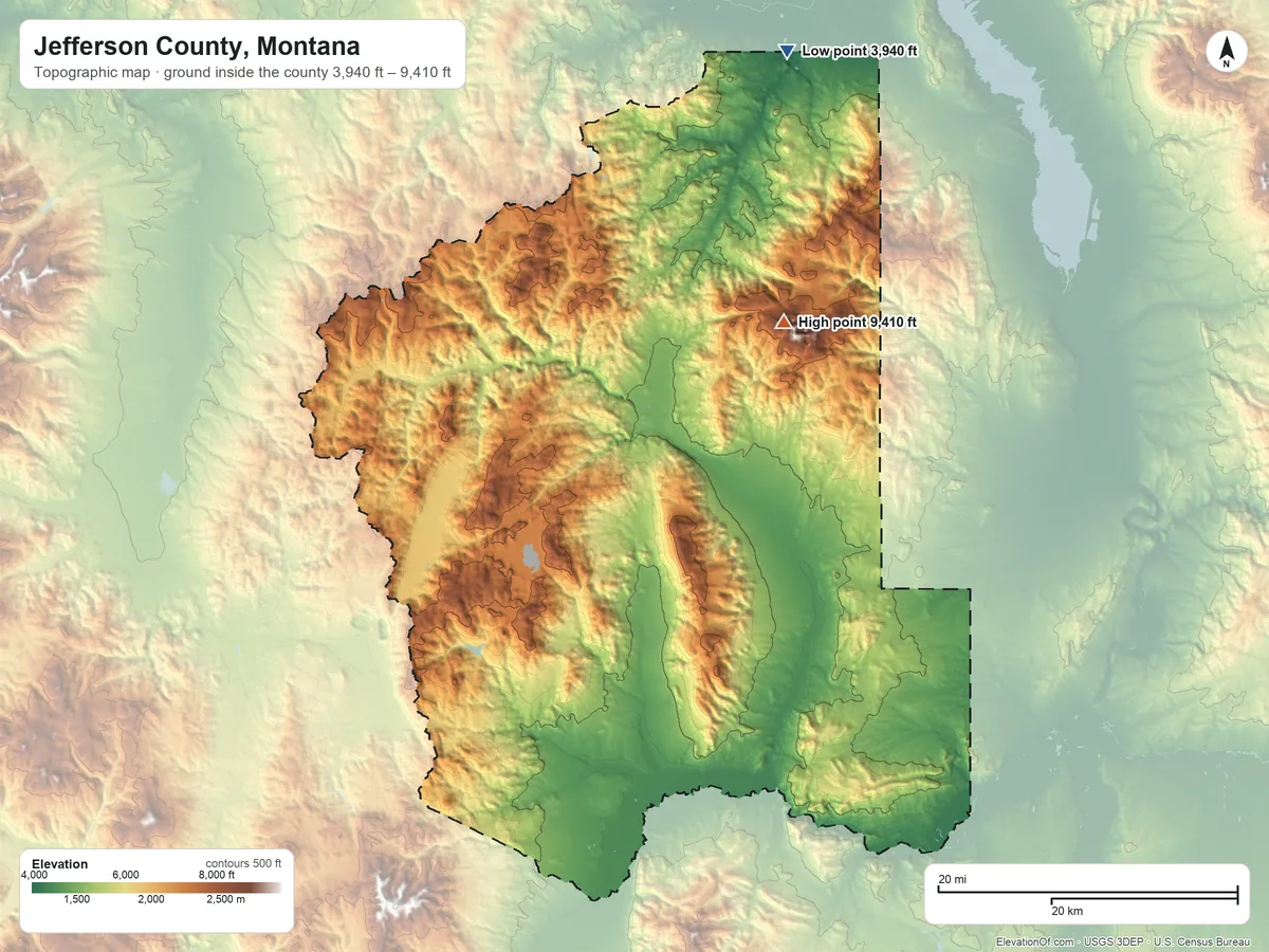 Topographic elevation map of Jefferson County, Montana, shaded from 3,940 ft on the north side to 9,410 ft on Elkhorn Peak