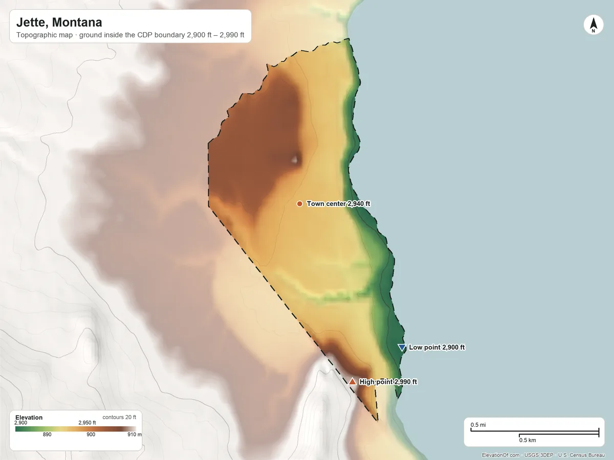 Topographic elevation map of Jette, Montana, shaded from 2,900 ft on the southeast side to 2,990 ft on the south edge, below higher ground just outside
