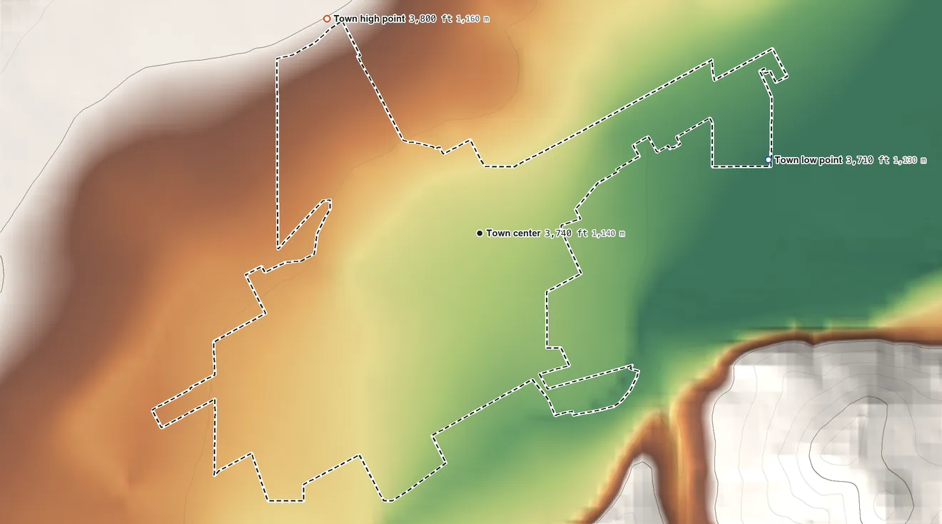 Topographic elevation map of Joliet, Montana, shaded from 3,710 ft on the east side to 3,800 ft on the northwest edge, below higher ground just outside