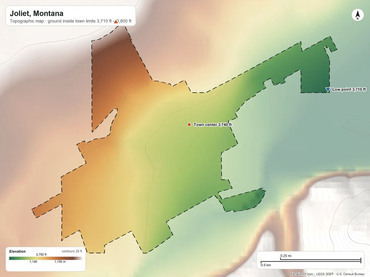 Topographic elevation map of Joliet, Montana, shaded from 3,710 ft on the east side to 3,800 ft on the northwest edge, below higher ground just outside