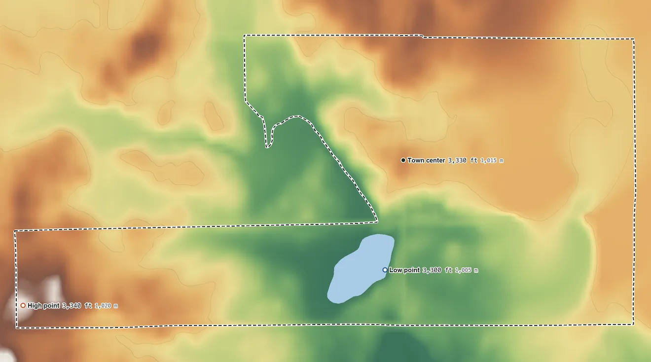 Topographic elevation map of Joplin, Montana, shaded from 3,300 ft on the south side to 3,340 ft on the west side