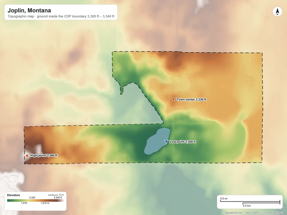 Topographic elevation map of Joplin, Montana, shaded from 3,300 ft on the south side to 3,340 ft on the west side