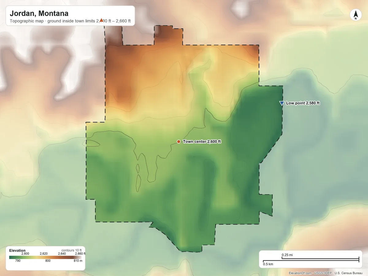 Topographic elevation map of Jordan, Montana, shaded from 2,580 ft on the east side to 2,660 ft on the northwest side