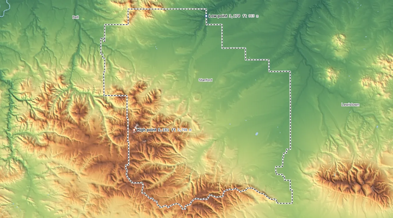 Topographic elevation map of Judith Basin County, Montana, shaded from 3,170 ft on the north side to 9,181 ft on Big Baldy Mountain