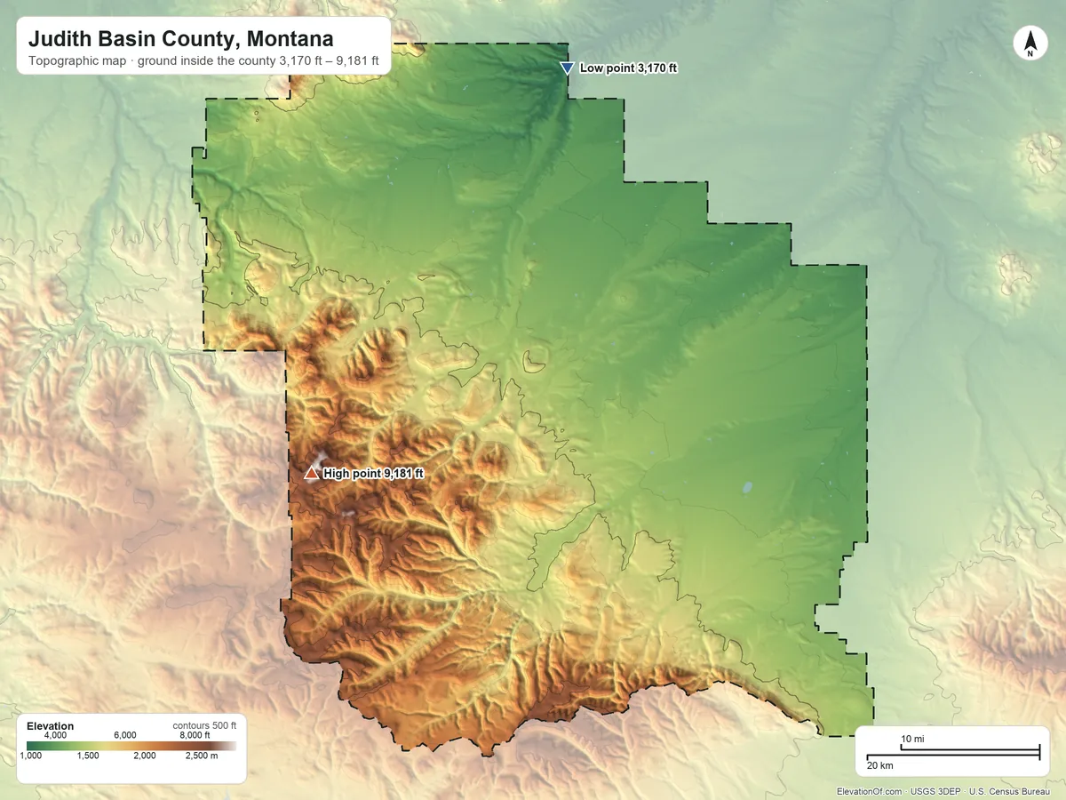 Topographic elevation map of Judith Basin County, Montana, shaded from 3,170 ft on the north side to 9,181 ft on Big Baldy Mountain