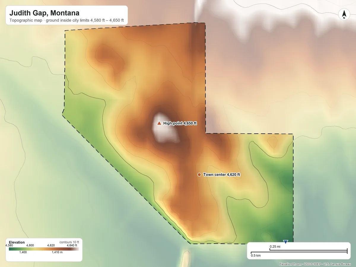 Topographic elevation map of Judith Gap, Montana, shaded from 4,580 ft on the southeast side to 4,650 ft on the northwest side