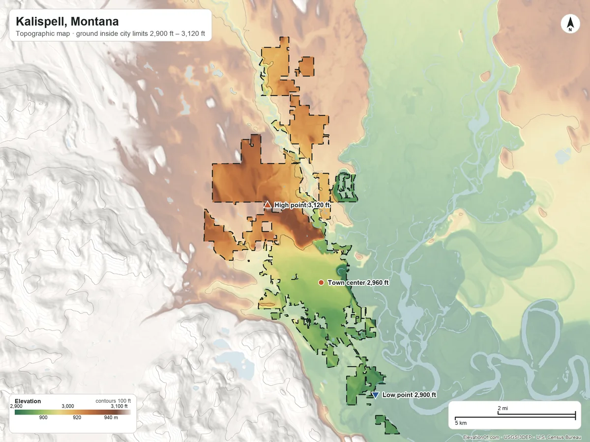 Topographic elevation map of Kalispell, Montana, shaded from 2,900 ft on the southeast side to 3,120 ft on the northwest side