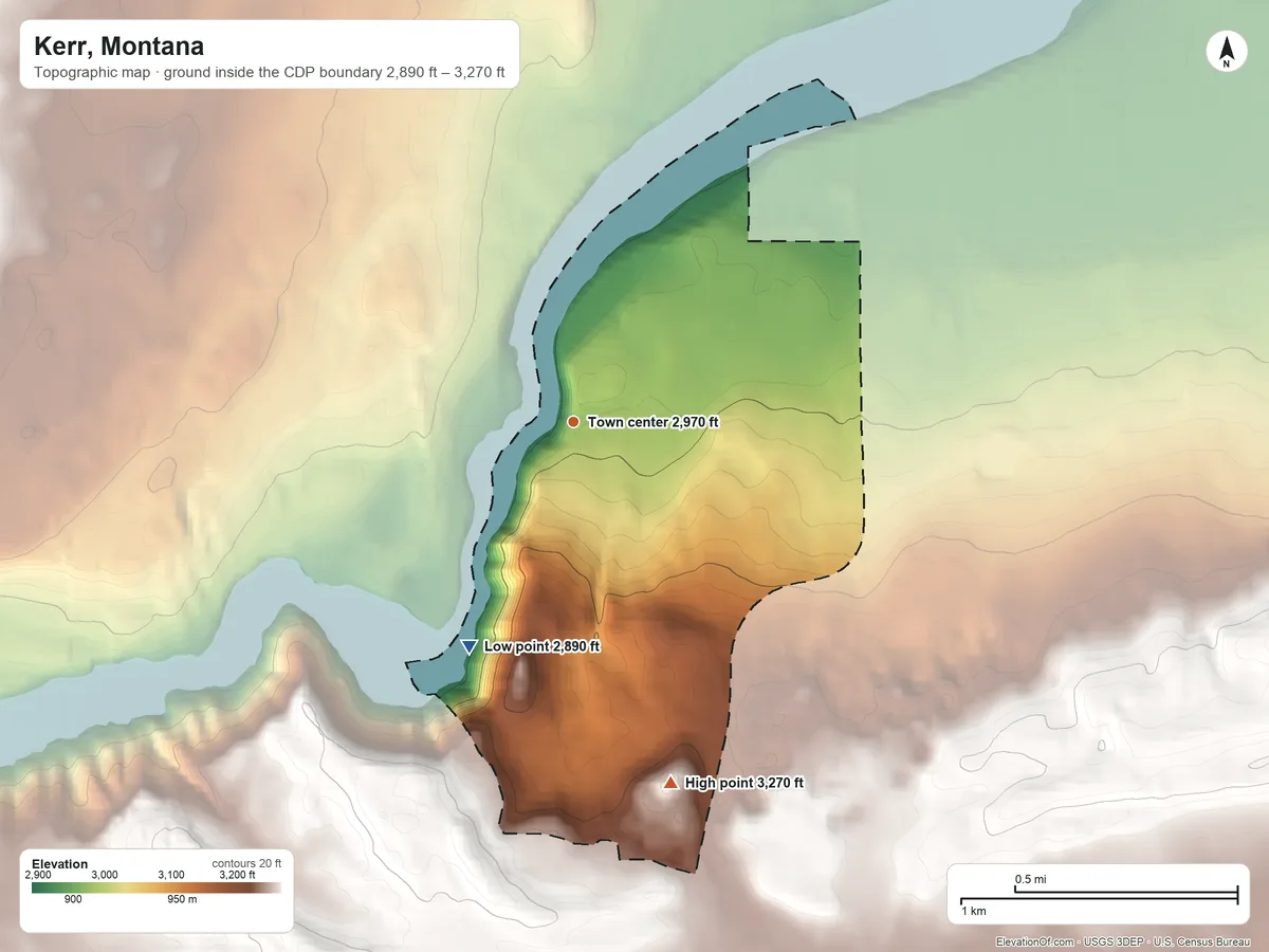 Topographic elevation map of Kerr, Montana, shaded from 2,890 ft on the southwest side to 3,270 ft on the south side