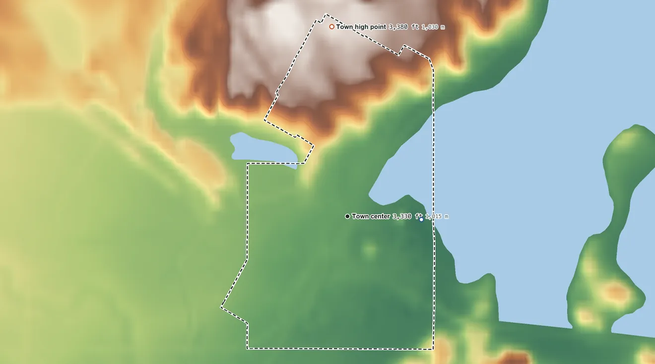 Topographic elevation map of Kevin, Montana, shaded from 3,320 ft on the east side to 3,380 ft on the north side