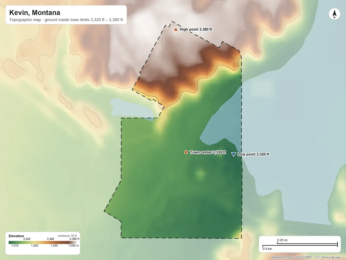 Topographic elevation map of Kevin, Montana, shaded from 3,320 ft on the east side to 3,380 ft on the north side