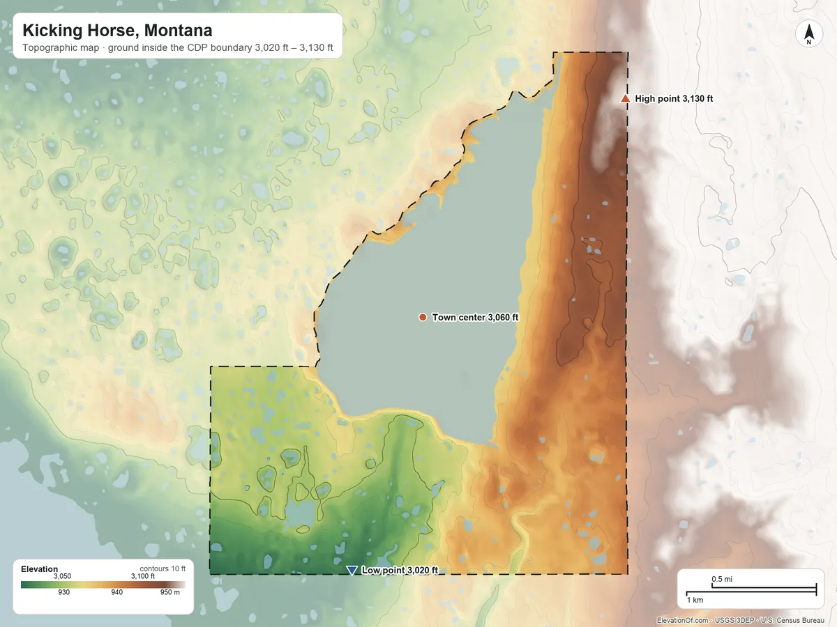 Topographic elevation map of Kicking Horse, Montana, shaded from 3,020 ft on the south side to 3,130 ft at the foot of the Mission Range