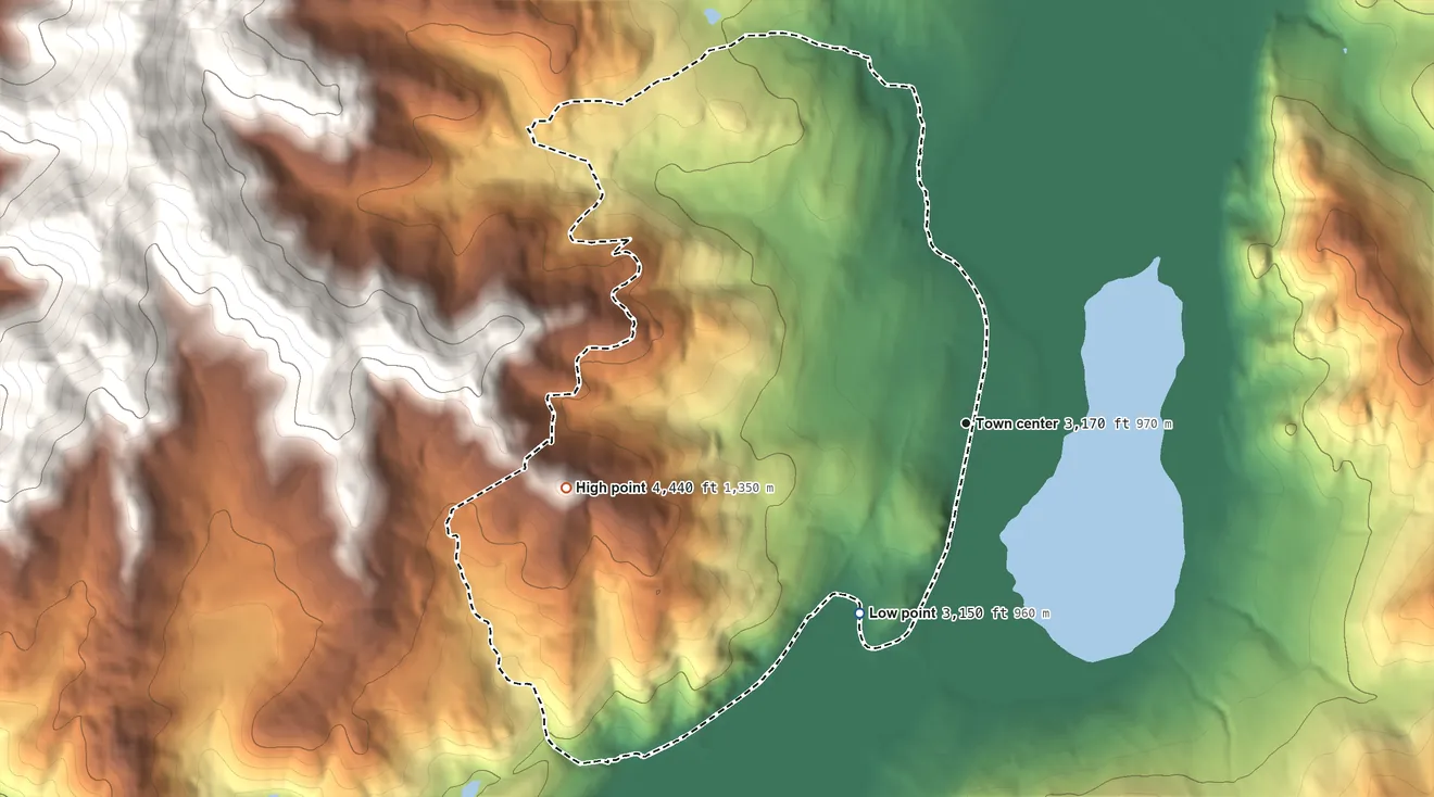 Topographic elevation map of Kila, Montana, shaded from 3,150 ft on the southwest side to 4,440 ft at the foot of the Salish Mountains