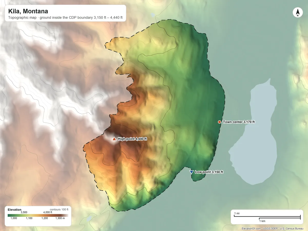 Topographic elevation map of Kila, Montana, shaded from 3,150 ft on the southwest side to 4,440 ft at the foot of the Salish Mountains