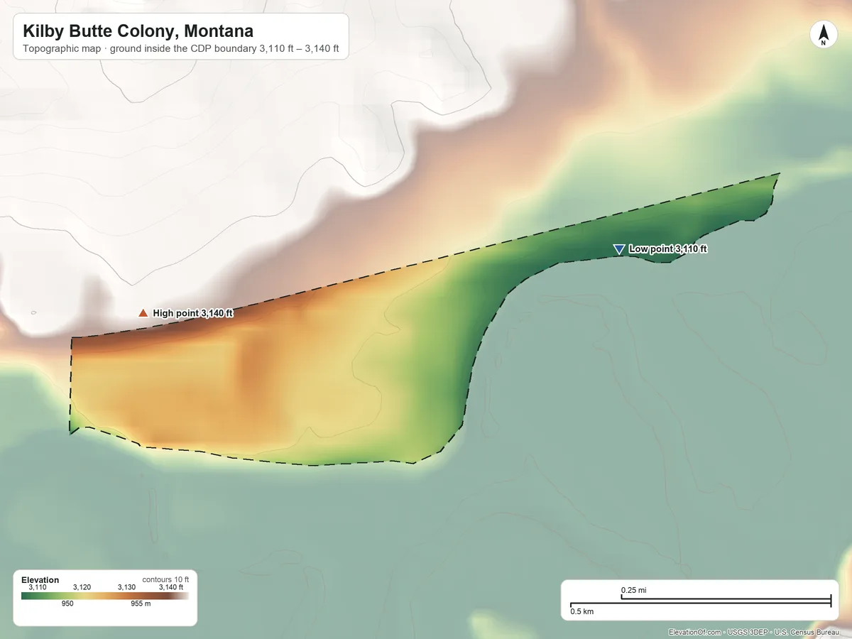 Topographic elevation map of Kilby Butte Colony, Montana, shaded from 3,110 ft on the east side to 3,140 ft on the west side