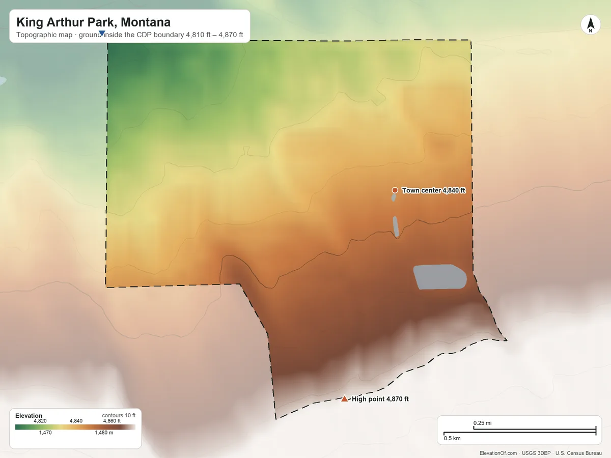 Topographic elevation map of King Arthur Park, Montana, shaded from 4,810 ft on the northwest side to 4,870 ft on the south side
