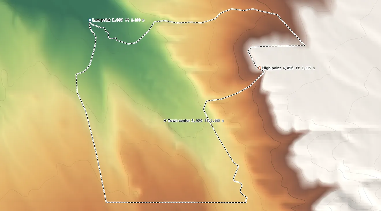Topographic elevation map of King Ranch Colony, Montana, shaded from 3,860 ft on the northwest side to 4,050 ft on the northeast side
