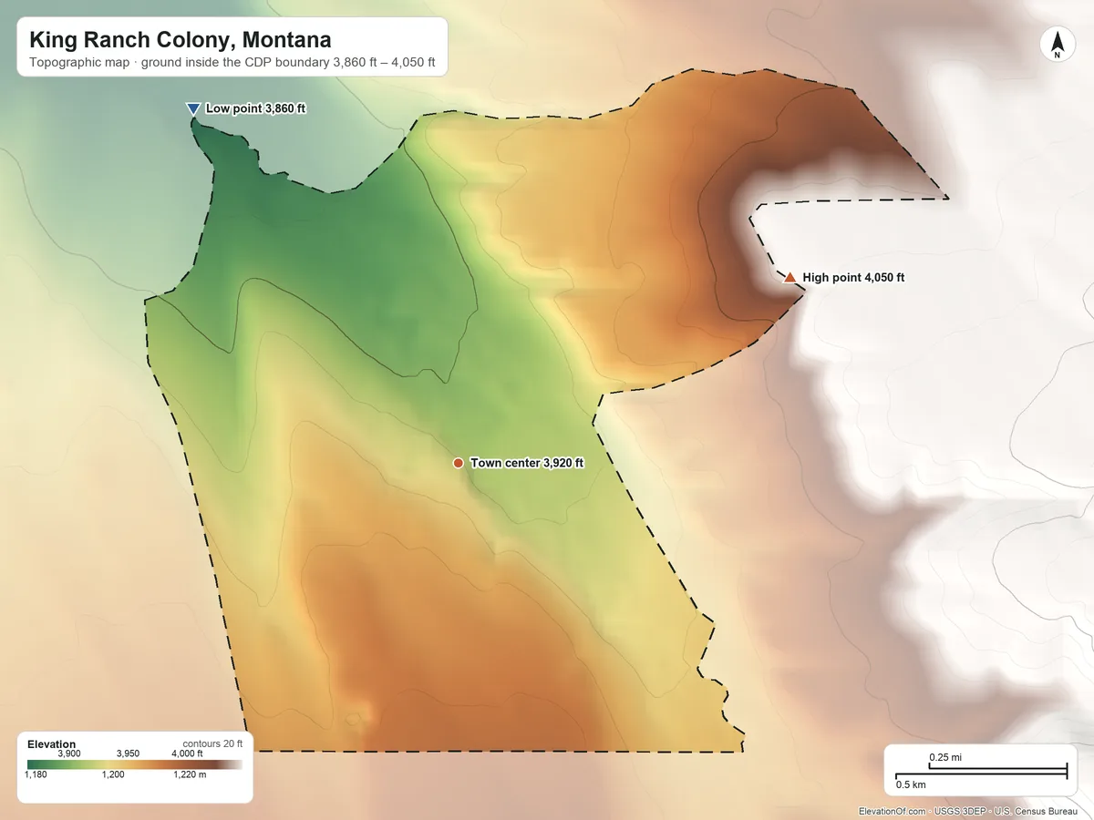 Topographic elevation map of King Ranch Colony, Montana, shaded from 3,860 ft on the northwest side to 4,050 ft on the northeast side