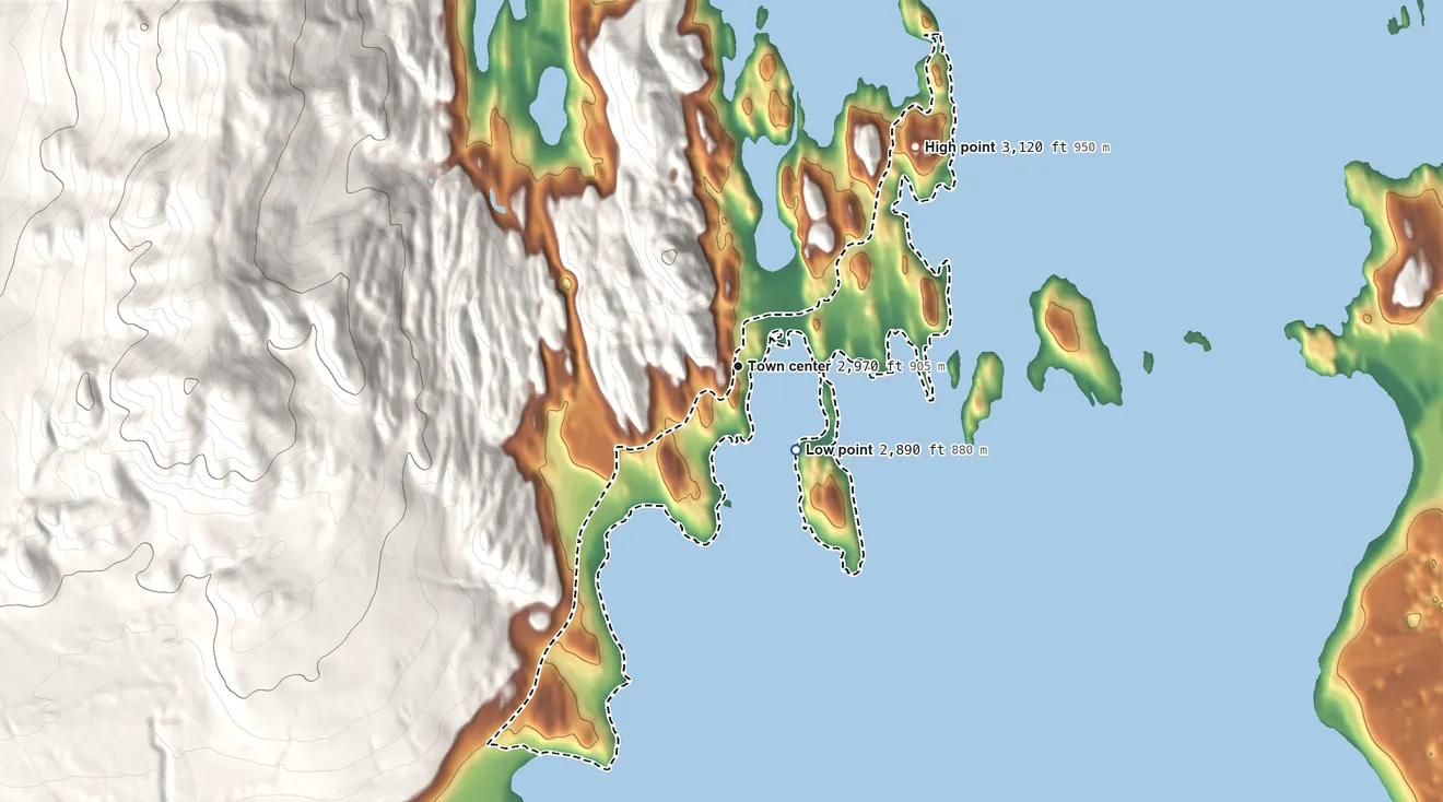 Topographic elevation map of Kings Point, Montana, shaded from 2,890 ft on the southeast side to 3,120 ft on the northeast edge, below higher ground just outside
