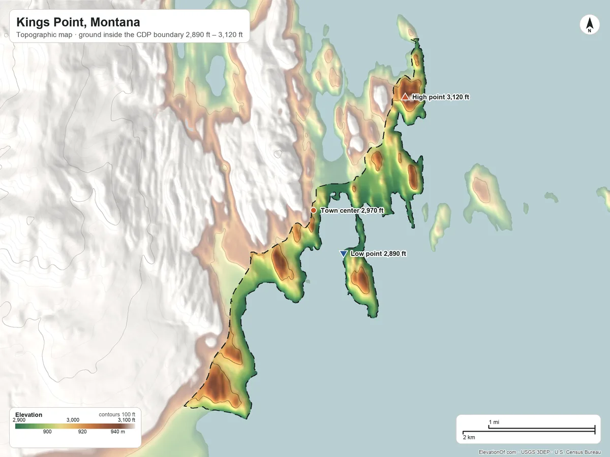 Topographic elevation map of Kings Point, Montana, shaded from 2,890 ft on the southeast side to 3,120 ft on the northeast edge, below higher ground just outside