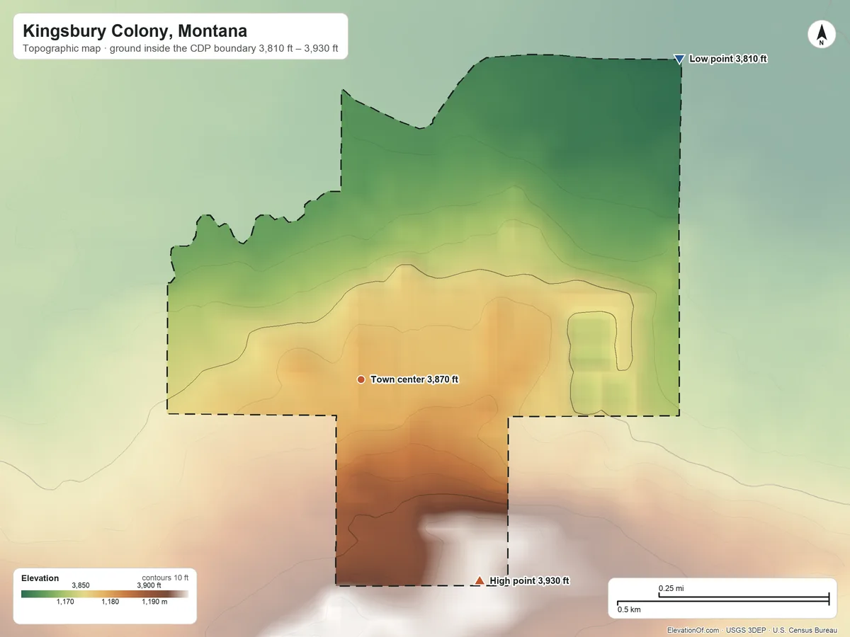 Topographic elevation map of Kingsbury Colony, Montana, shaded from 3,810 ft on the northeast side to 3,930 ft on the southeast side